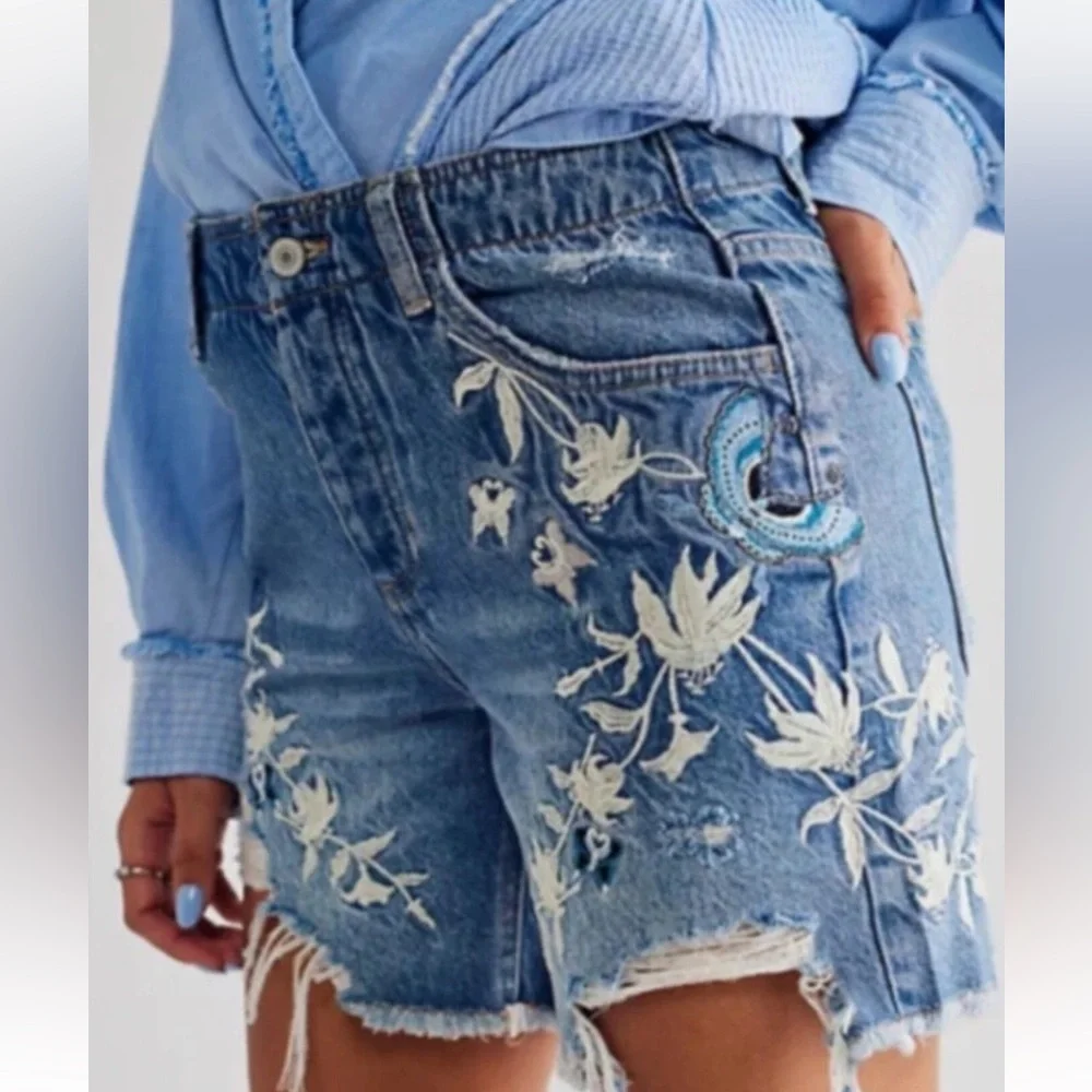 Free People You're My Butterfly Embroidered  Floral Cutoff Denim Shorts